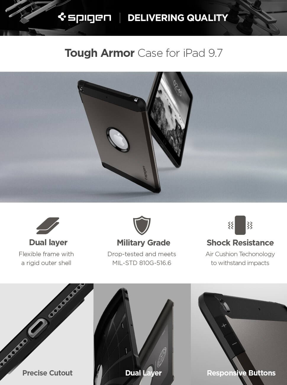 Spigen® Tough Armor™ 053CS22261 iPad 9.7 (2017) Case - Gunmetal