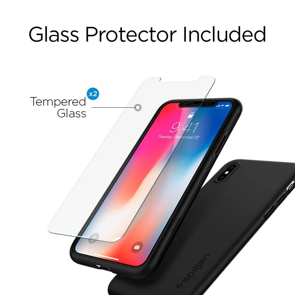 Spigen® Thin Fit 360™ 057CS22177 iPhone X Case with 2 Packs of Tempered Glass Screen Protector - Black