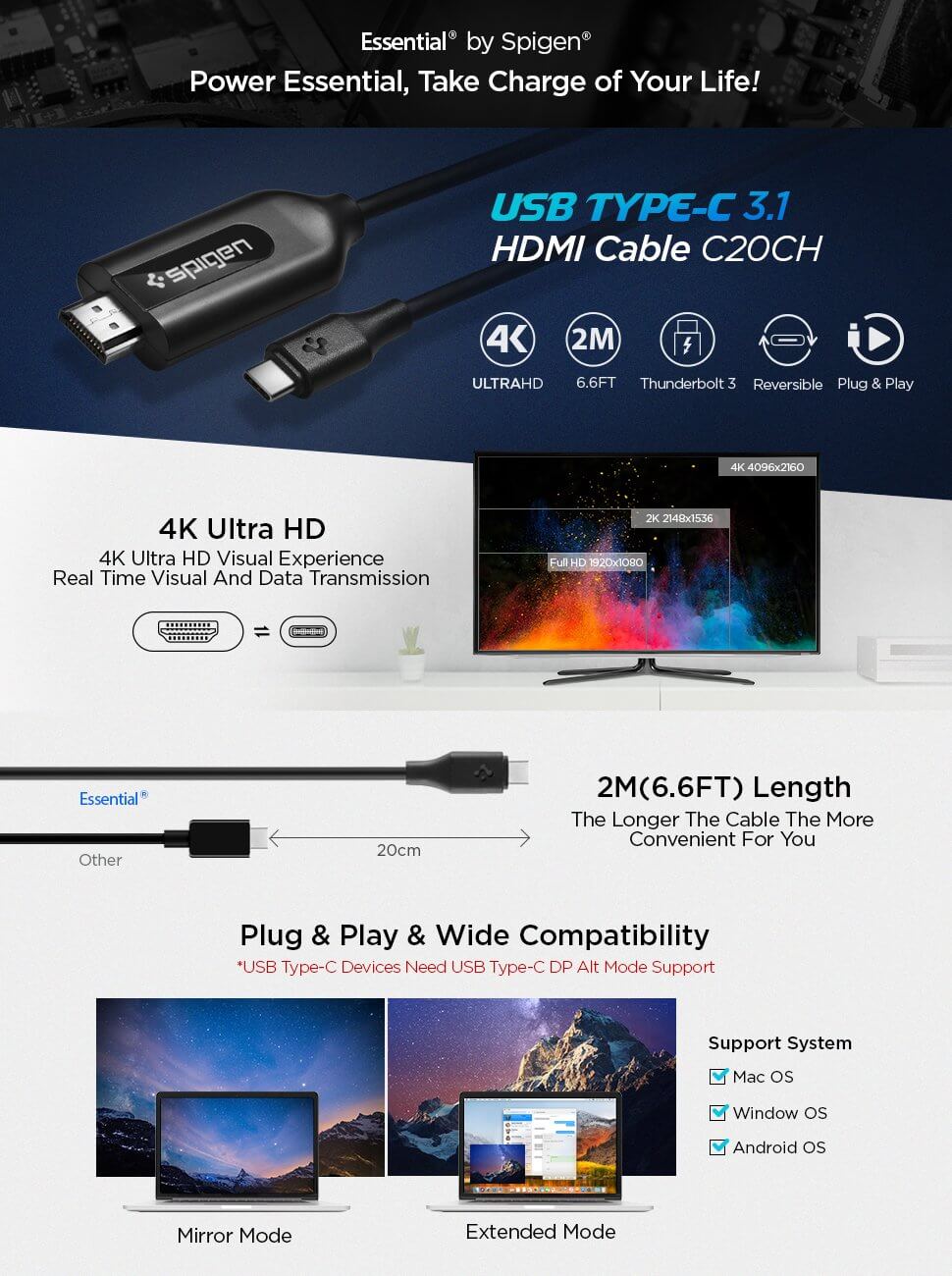 Spigen® Essential® C20CH 000CB22527 USB-C to HDMI Cable (4K Ultra HD Thunderbolt 3)