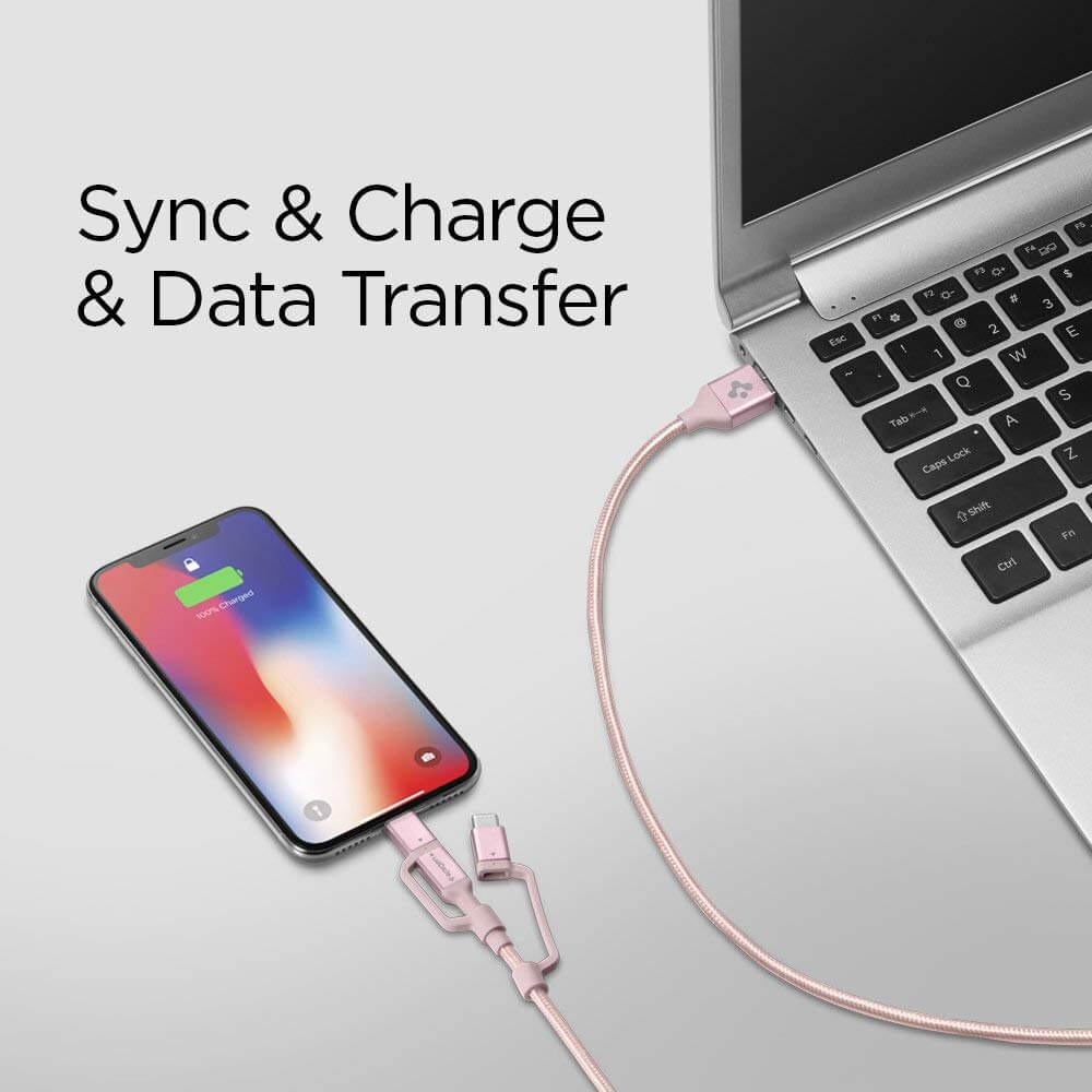 Spigen® Essential® C10i3 000CB23019 3in1 Lightning / Type-C / Micro USB Sync Data & Charge Cable - Rose Gold