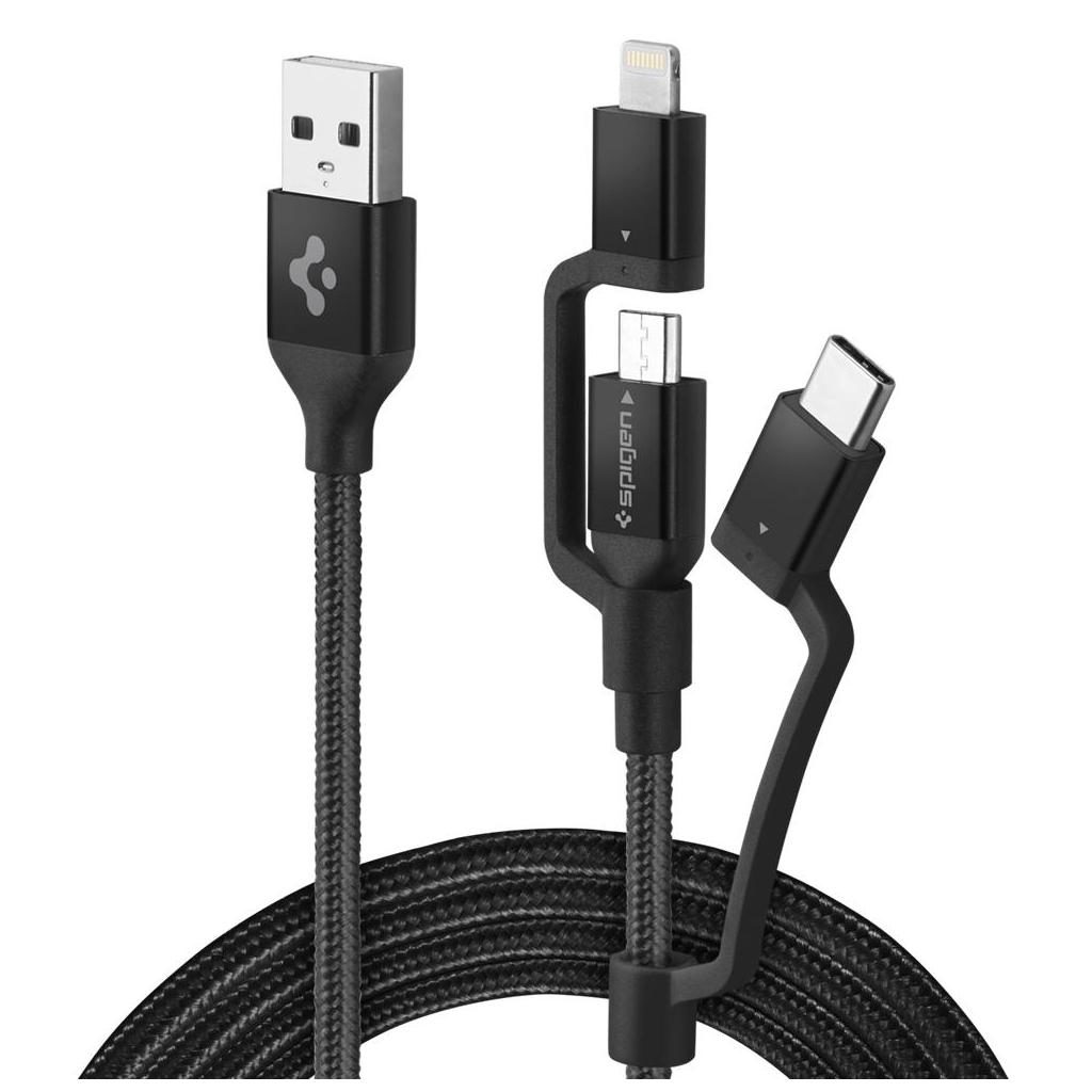 Spigen® C10i3 000CB22774 Qualcomm® Quick Charge 3.0 Lightning / Type-C / Micro USB Sync Data & Charging Cable – Black