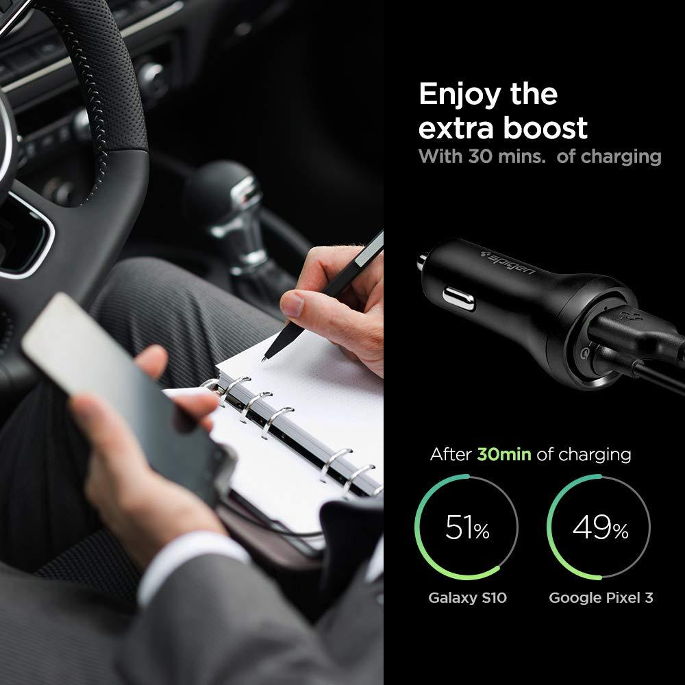 Spigen® F30QC 000CP25596 Qualcomm Quick Charge 3.0 Built-in USB-C Car Charger - Black