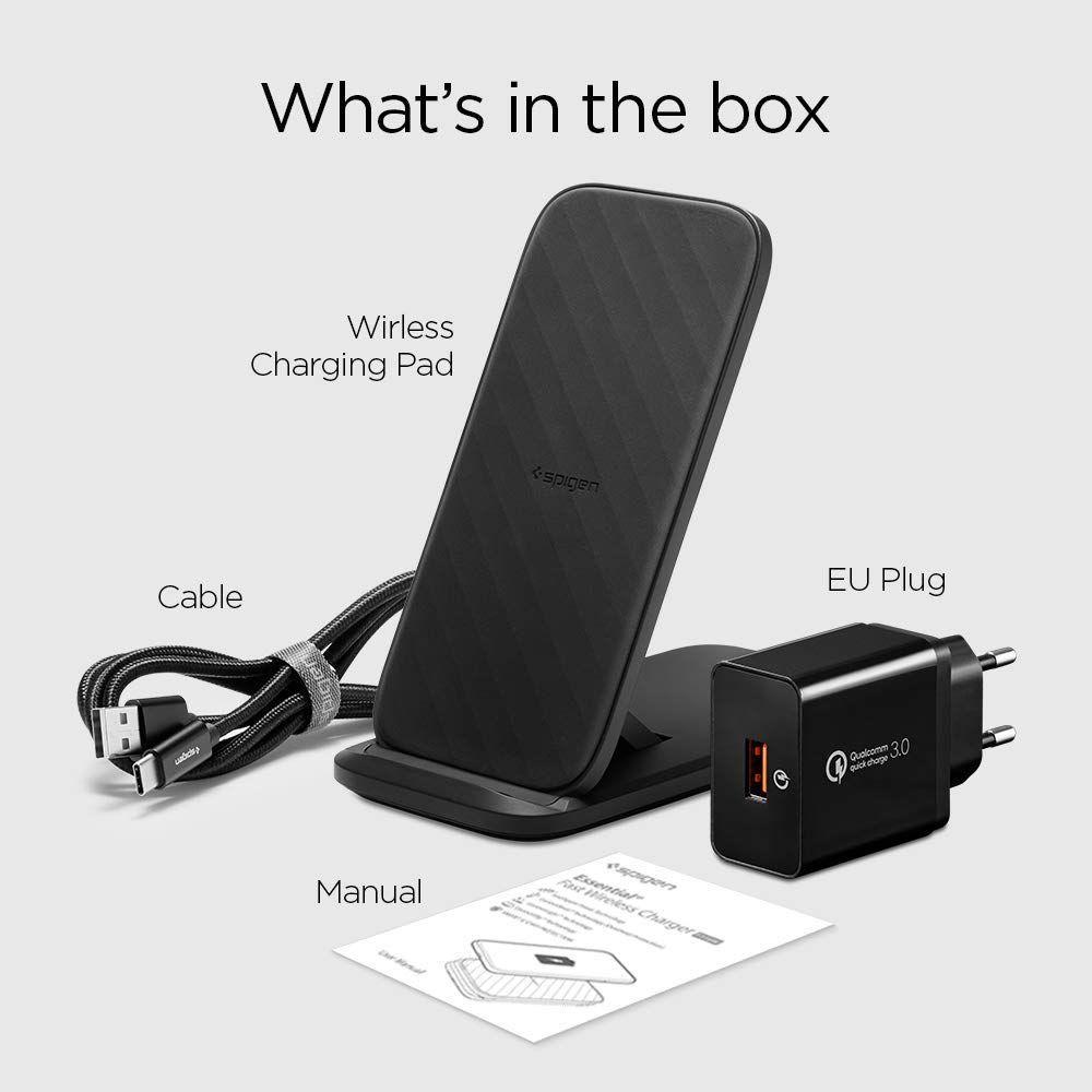 Spigen® Essential® F316W 000CH24979 Fast Wireless Charger with Quick Charge 3.0 Adapter - Black