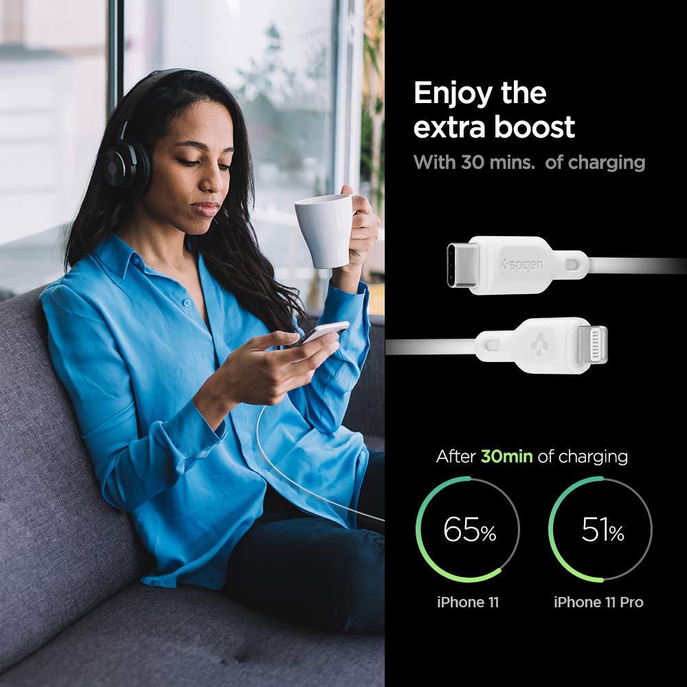 Spigen® C10CL 000CA25416 Apple MFI Certified DuraSync USB-C to Lightning Fast Charging 1.0m Cable - White