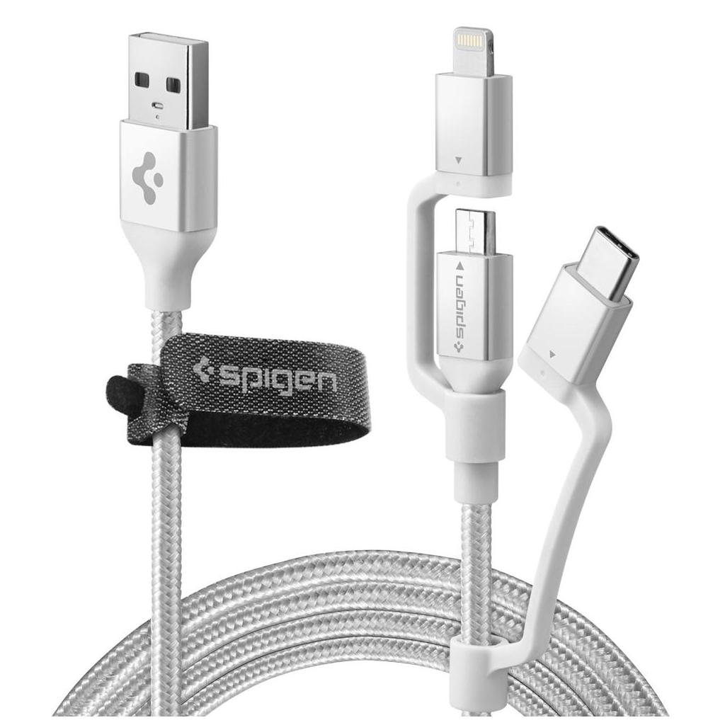 Spigen® C10i3 000CB23017 Qualcomm® Quick Charge 3.0 Lightning / Type-C / Micro USB Sync Data & Charging 1.5m Cable – Silver