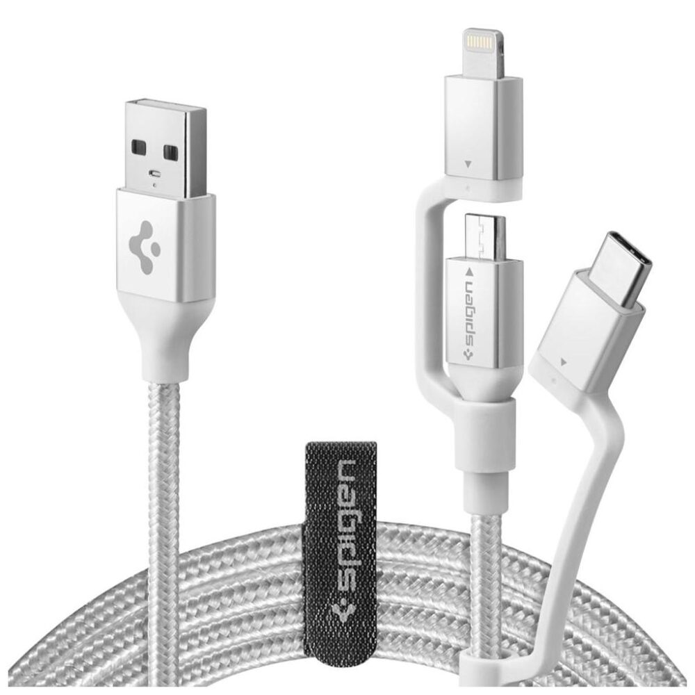 Spigen® C10i3 000CB23017 Qualcomm® Quick Charge 3.0 Lightning / Type-C / Micro USB Sync Data & Charging 1.5m Cable - Silver