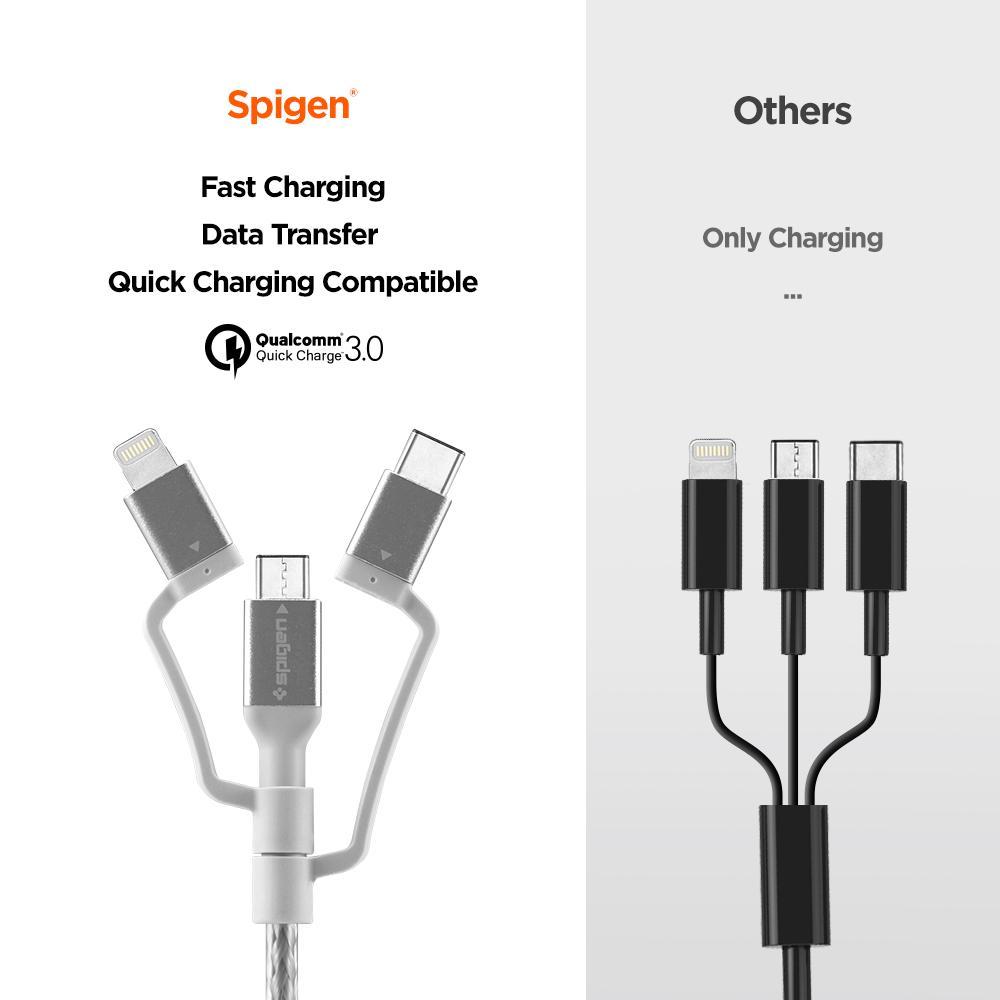 Spigen® C10i3 000CB23017 Qualcomm® Quick Charge 3.0 Lightning / Type-C / Micro USB Sync Data & Charging 1.5m Cable – Silver