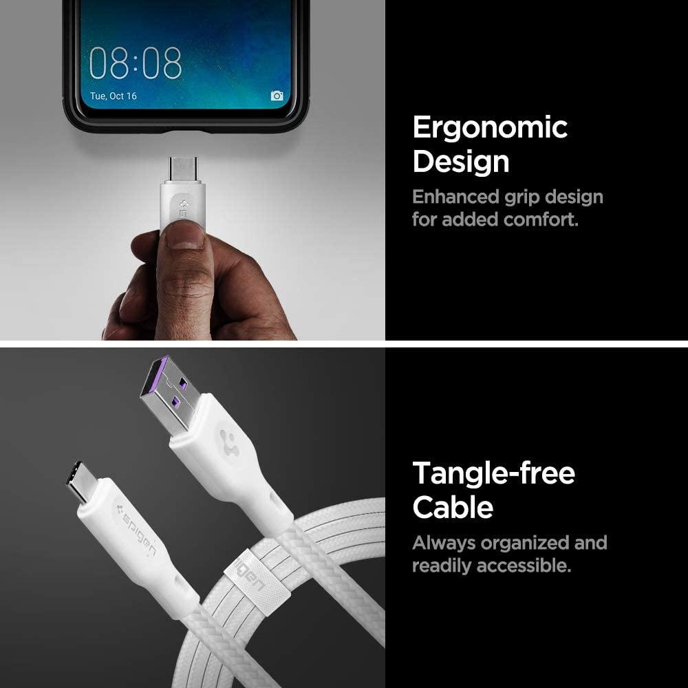 Spigen® C10HS Durasync™ 000CA25701 USB-C to USB-A 2.0 PD 40W Data & Charging 1.5m Cotten Braided Cable – White