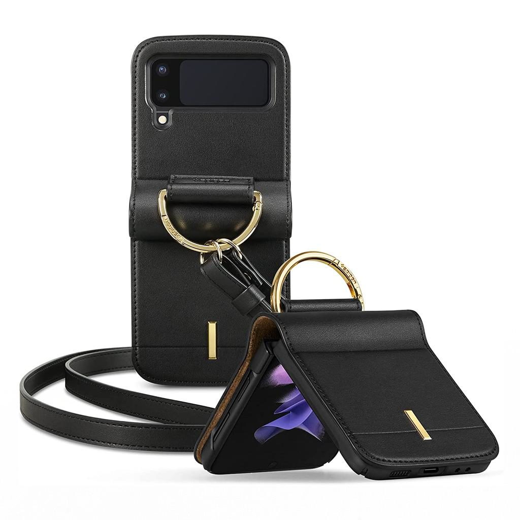 Spigen® Lienar ACS03667 Samsung Galaxy Z Flip 3 Leather Strap Case - Black
