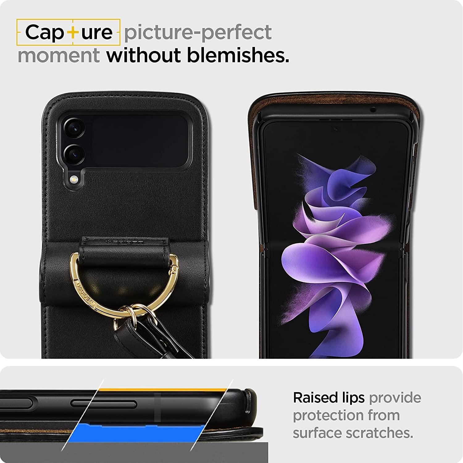 Spigen® Lienar™ ACS03667 Samsung Galaxy Z Flip 3 Leather Strap Case - Black