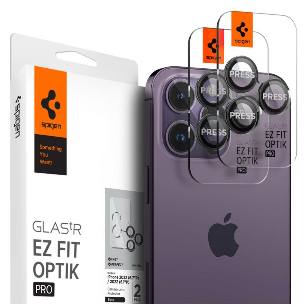 Spigen® (x2.Pack) GLAS.tR™ EZ FIT™ OPTIK PRO AGL05205 iPhone 14 Pro Max / 14 Pro Premium Tempered Glass Camera Lens Protector – Black