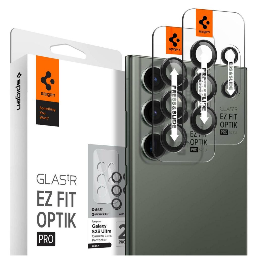 Spigen® (x2.Pack) GLAS.tR™ EZ FIT™ OPTIK PRO AGL05950 Samsung Galaxy S23 Ultra Premium Tempered Glass Camera Lens Protector – Black