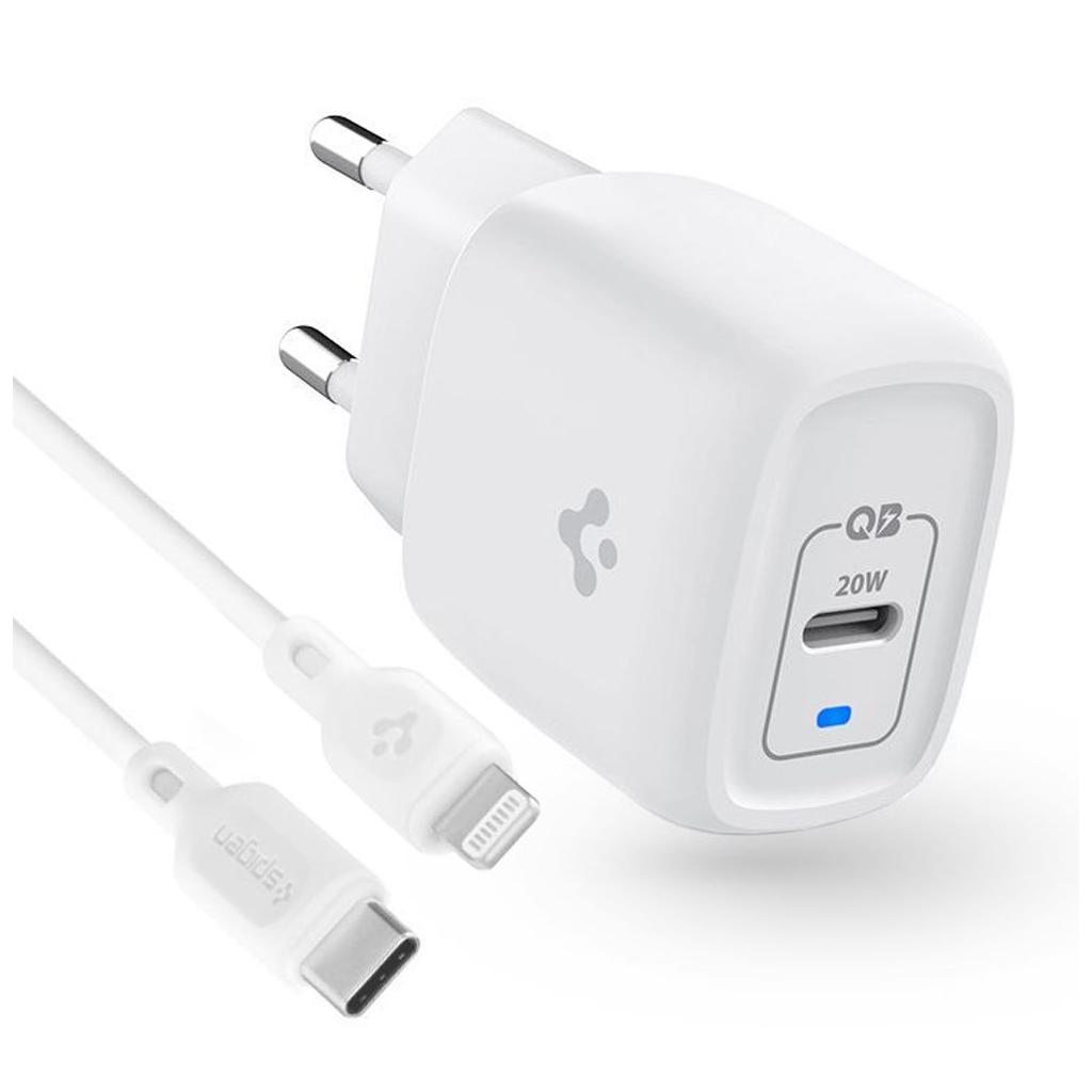 Spigen® PowerArc ArcStation™ Pro PE2C10CL ASE05999 USB-C PD 3.0 20W / 3A Charger with DuraSync™ Lightning MFi Certified Cable – White
