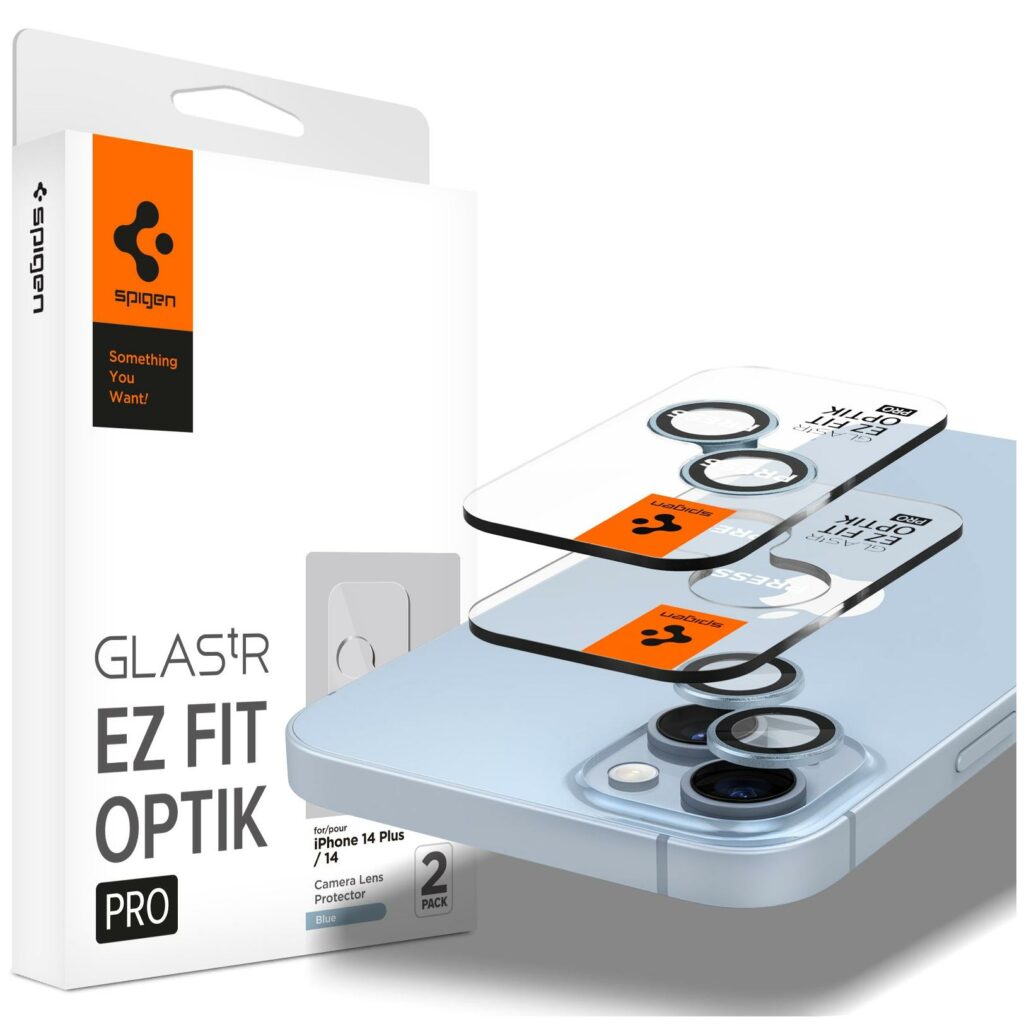 Spigen® (x2.Pack) GLAS.tR™ EZ FIT™ OPTIK PRO AGL05602 iPhone 14 / 14 Plus Premium Tempered Glass Camera Lens Protector – Blue