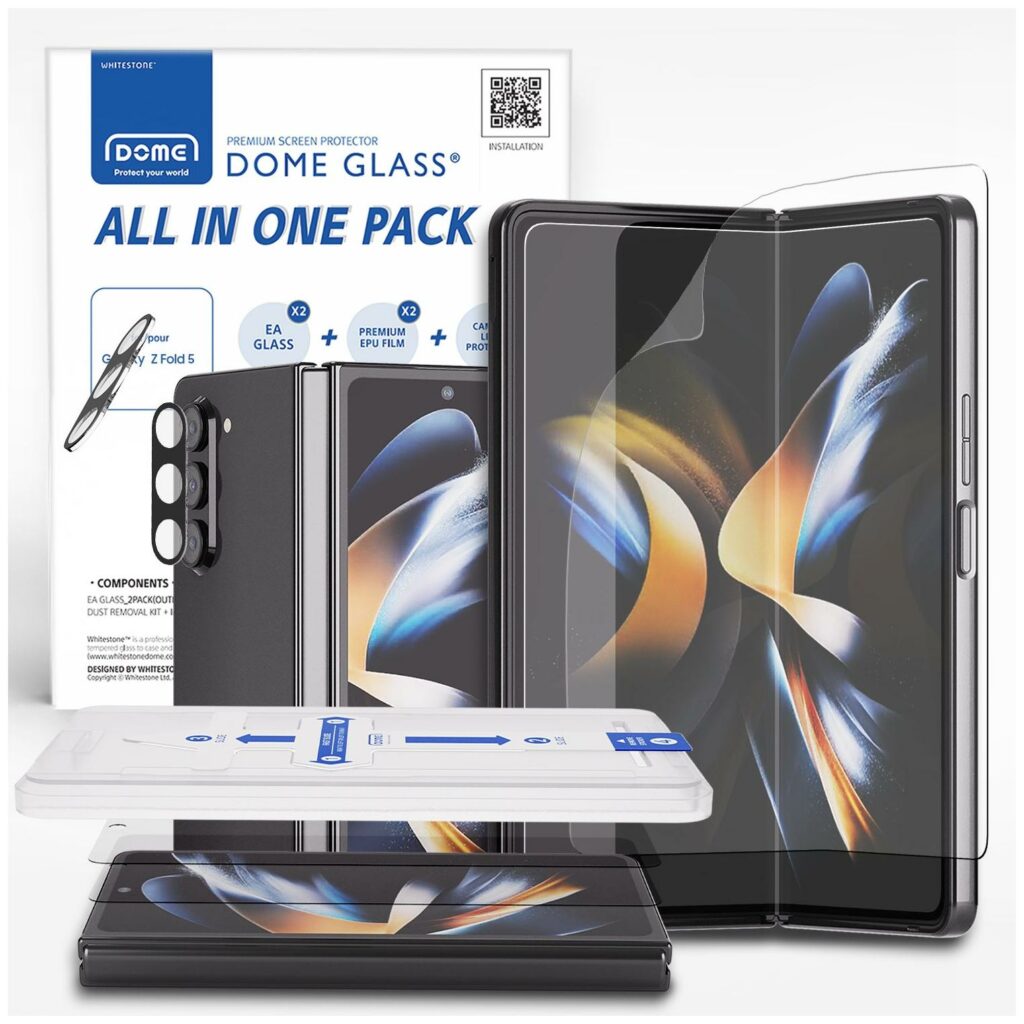 Whitestone™ Dome Glass® [All in One] (x2.Pack) Front EA Premium Tempered Glass & (x2.Pack) Inside Premium EPU Film & (x2.Pack) Rear Camera Lens 8809365408429 Samsung Galaxy Z Fold 5 Screen Protector