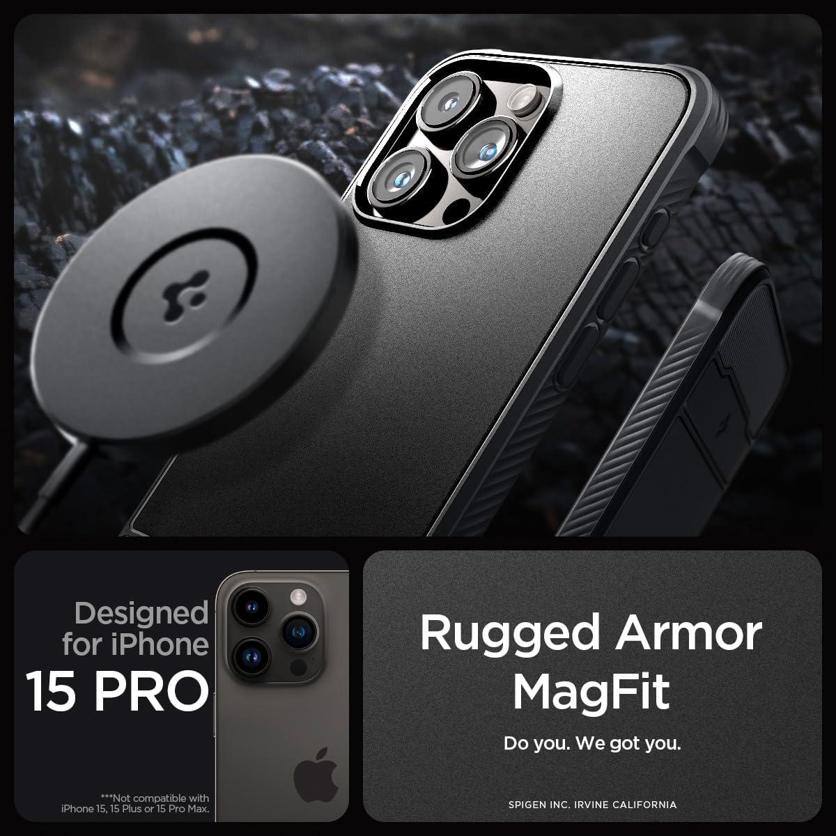 Spigen® Rugged Armor™ (MagFit) ACS06703 iPhone 15 Pro Case - Matte Black