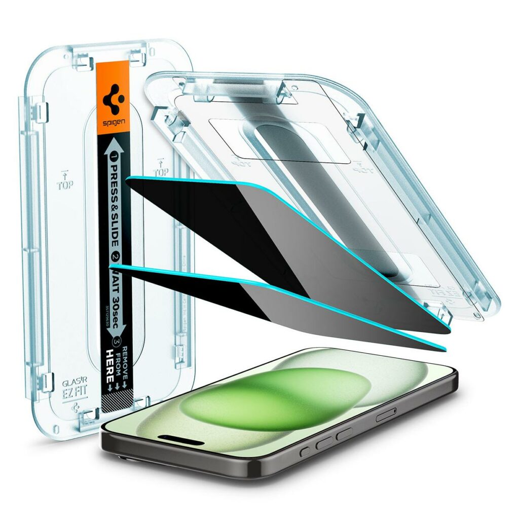Spigen® (x2.Pack) GLAS.tR™ EZ FIT™ Privacy AGL06885 iPhone 15 Plus Premium Tempered Glass Screen Protector