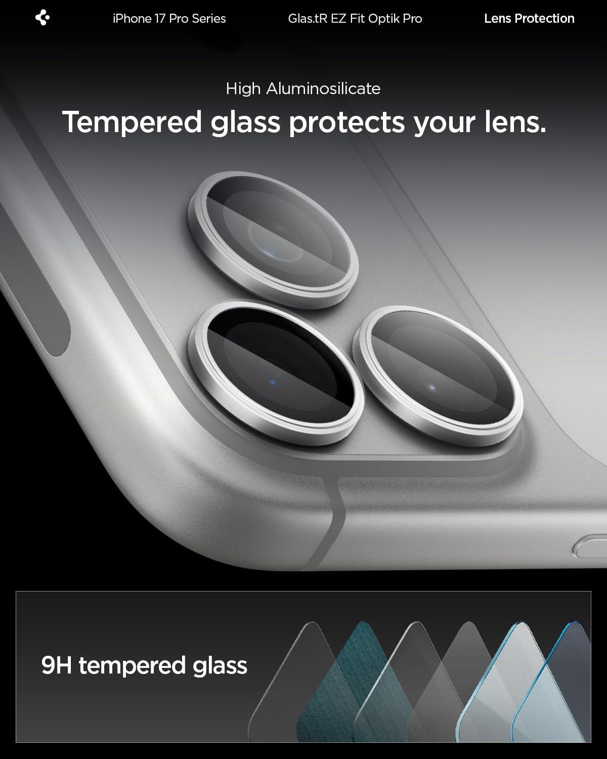 Spigen® (x2.Pack) Glas.tR™ EZ Fit™ Optik Pro AGL10124 iPhone 17 Pro Max | 17 Pro | 16 Pro Max | 16 Pro | 15 Pro Max | 15 Pro | 14 Pro Max | 14 Pro Premium Tempered Glass Camera Lens Protector - Silver