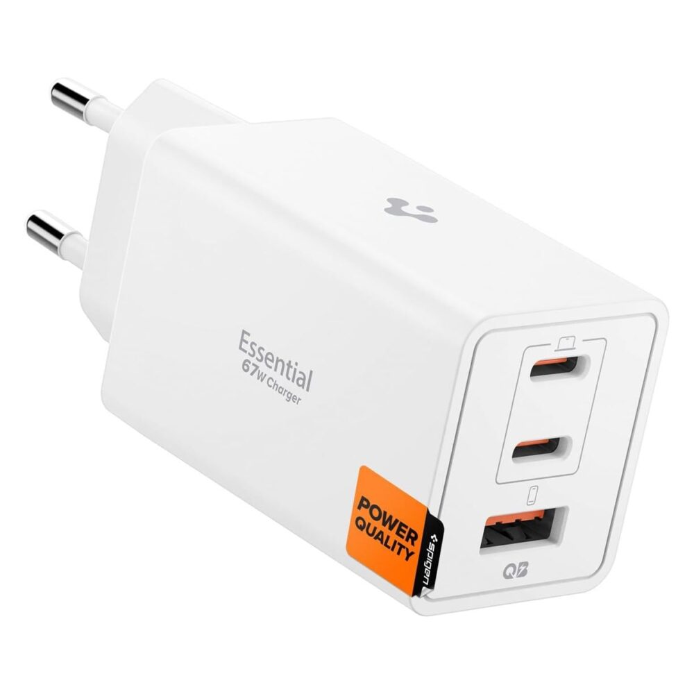 Spigen® ArcStation™ Essential® GaN EE673EU ACH08710 3-Port USB-C & USB-A PD 3.0 PPS Fast Charger | 67W - White
