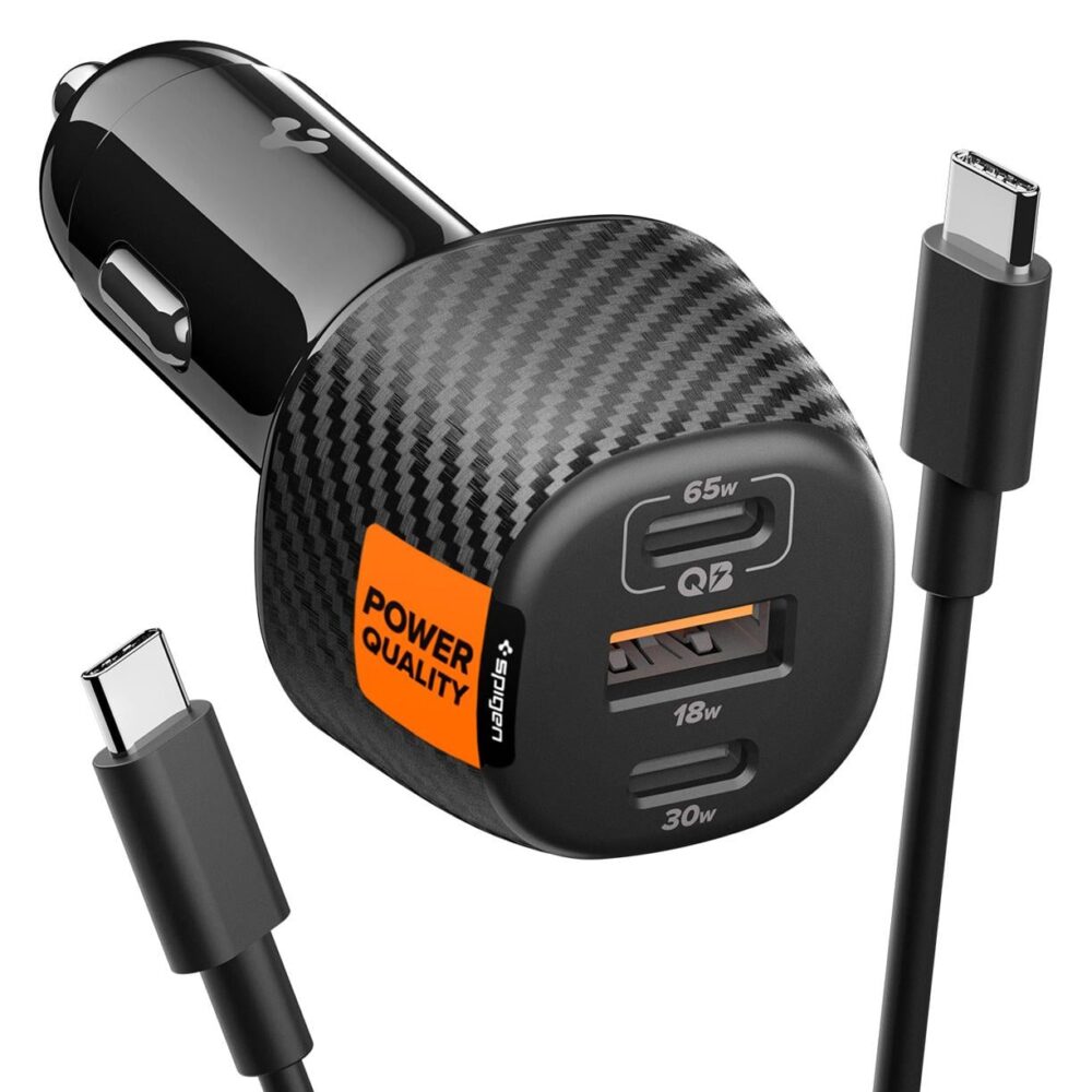 Spigen® ArcStation™ Essential® EV1133 ACP09543 Cable Included 3-Port USB-C & USB-A PD 3.0 PPS Fast Car Charger | 113W - Black