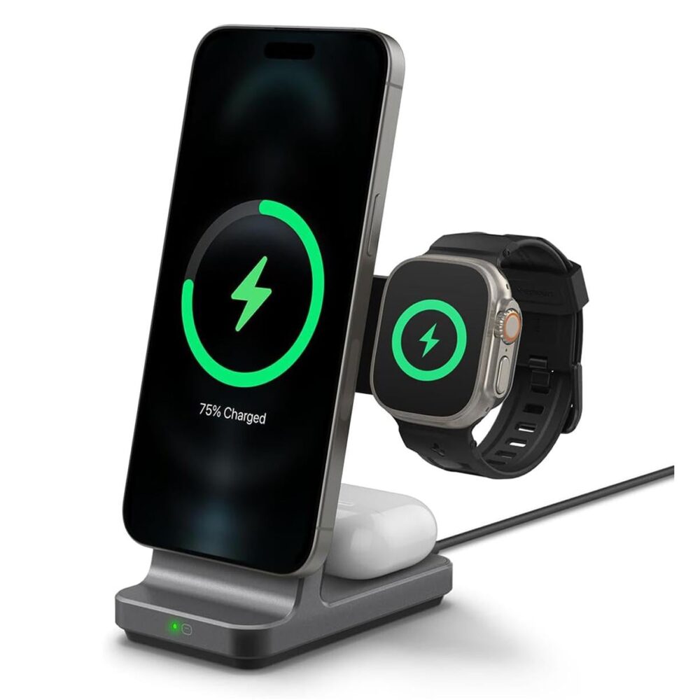 Spigen® OneTap Pro 3 (MagFit) 3-in-1 Charging Stand S318W AMP06527 MagSafe Qi2 Wireless Charging Station | 15W - Gunmetal
