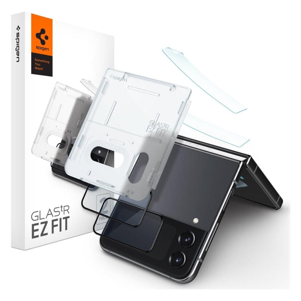 Spigen® (x2.Pack) GLAS.tR™ EZ FIT™ HD Full Cover Outer Display AGL05321 Samsung Galaxy Z Flip 4 Premium Tempered Glass & Hinge Film Screen Protector